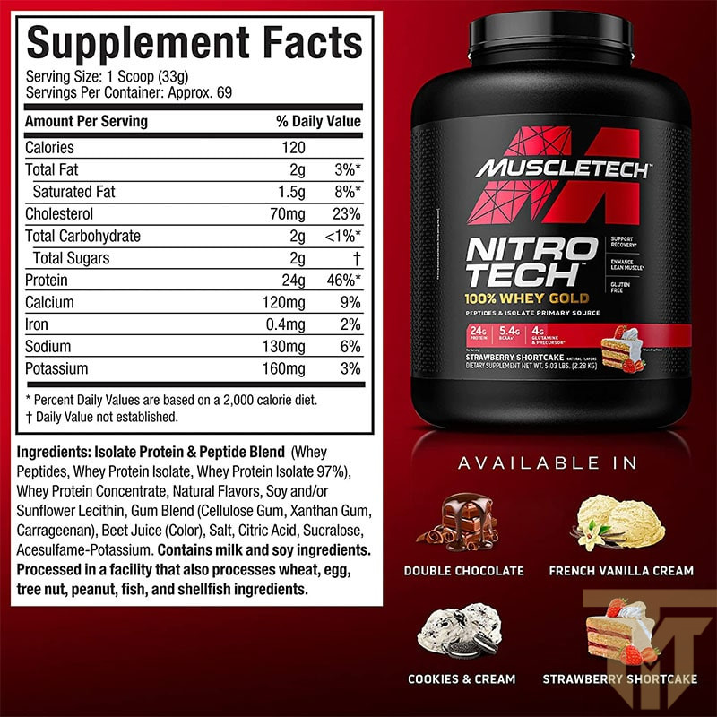 پروتئین نیتروتک وی گلد ماسل تک نیتروتک وی گلد 100% ماسل تک 5 پوندیnitrotech whey gold 5lbs Muscletech